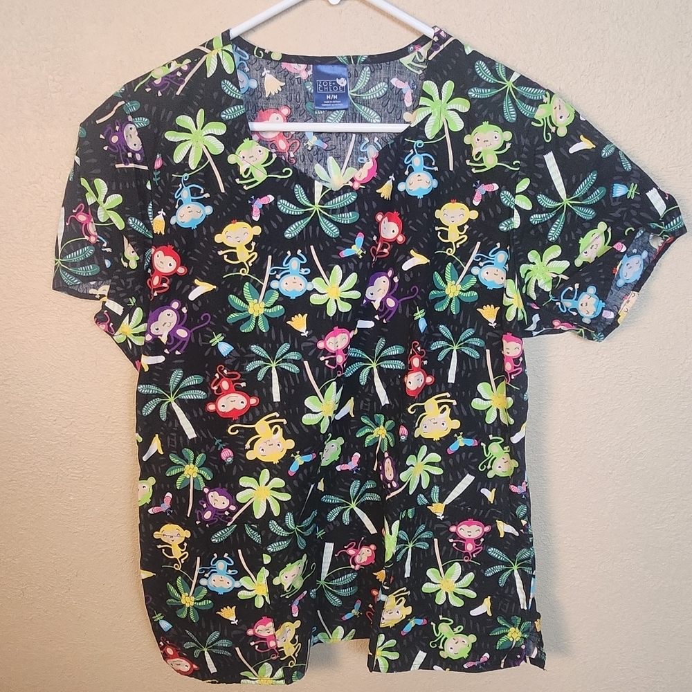 Zoe + Chloe Multicolor Monkey Scrub Top Medium (7720)